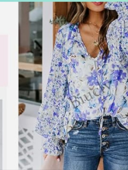 Women's Floral Print V Neck Tie Front Blouse in White Multi sz small - Picture 3 of 7